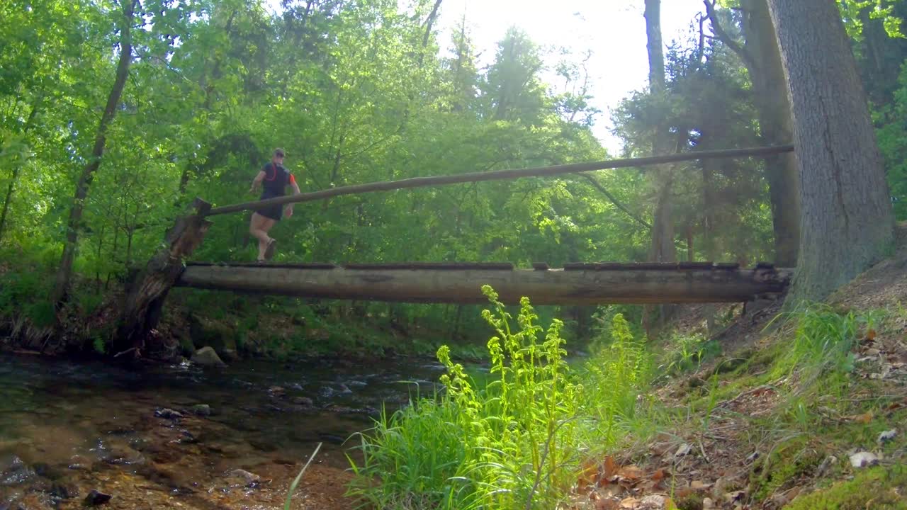 국립공원의 강 개울을 가로지르는 트레일