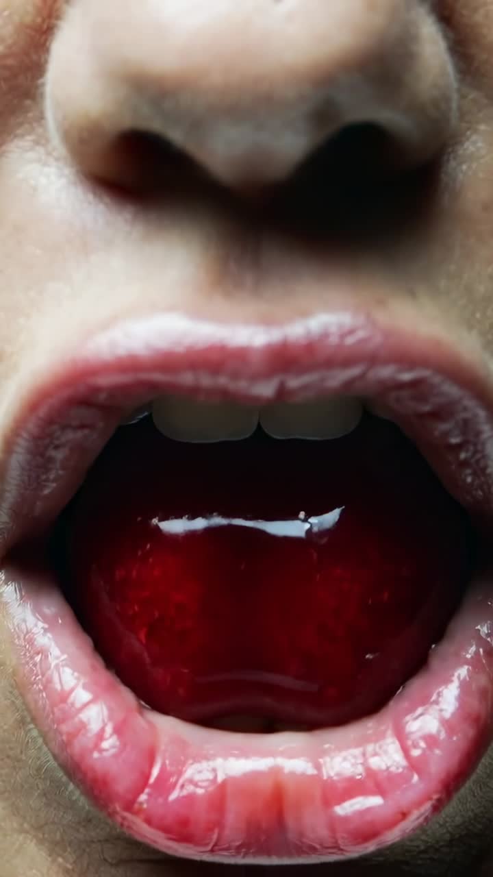 Ciliegia che si avvicina, facendo aprire le labbra lucide a una donna che cerca di mangiarla in primo piano, mostrando la lingua.