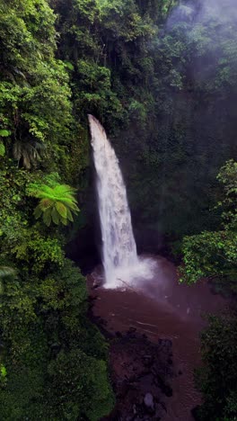 surrounded by dense rainforest, nungnung waterfall roars with power and mist as steam fills the air in this vertical drone capture of bali’s untamed nature.