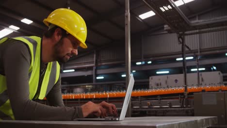 male supervisor using laptop near production line