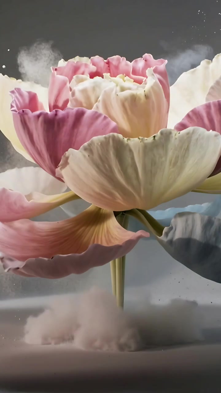 Video verticale: Colonna di polvere che esplode formando un fiore scultoreo color pastello su un vassoio bianco, con uno stelo.