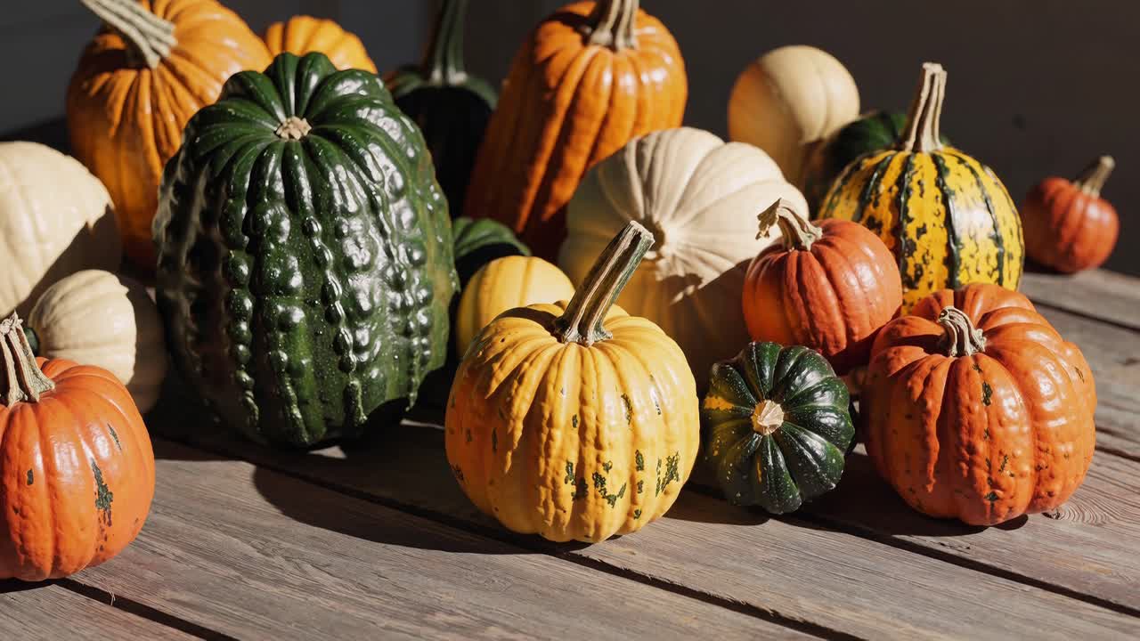 A rustic video scene of assorted pumpkins on a wooden table, captured from a low angle