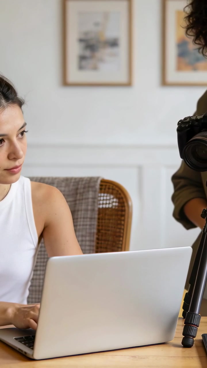Vertical video: Typing woman white top on laptop at home peer coming with DSLR tuning tripod shoot