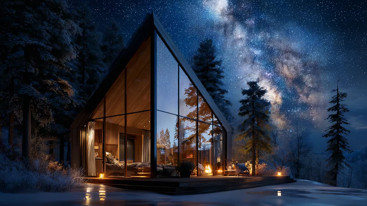 A Serene Modern Cabin Nestled in a Snowy Forest Under a Starry Night Sky, Showcasing Panoramic Glass Walls and a Cozy Atmosphere Enhanced by Flickering Lanterns
