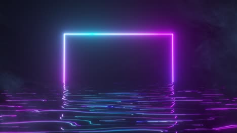 a bright neon frame shimmers with a neon spectrum of light in the water. smoky background. seamless loop 3d render