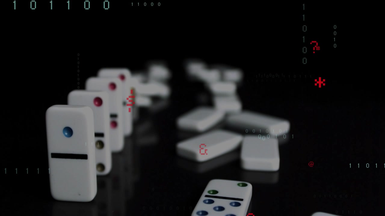 First tile tipping starting white domino cascade, binary or C++ code growing over scene, showing dat