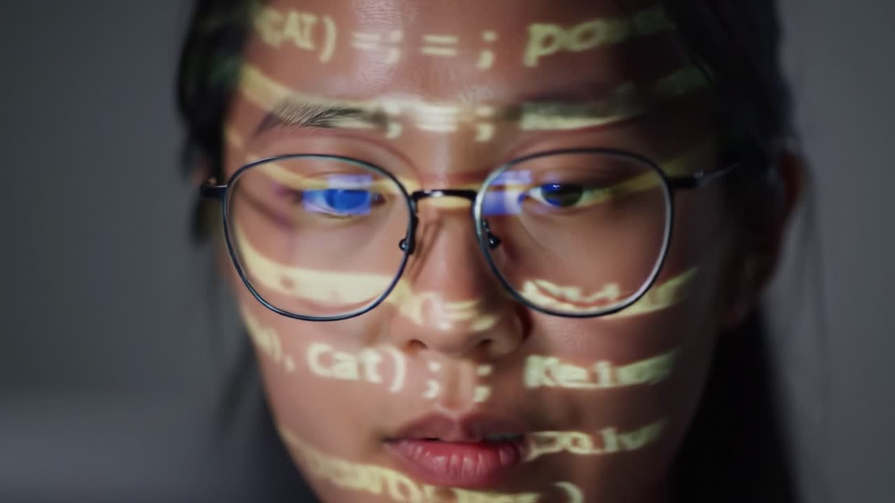 A Deep Focus on Coding as Lines of Code Project onto a Thoughtful Programmer's Face, Highlighting the Intersection of Technology and Creativity