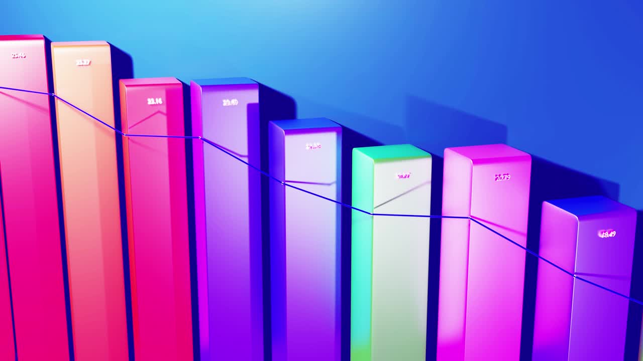 hermoso fondo en bucle 3d para programas analíticos con infografías abstractas, datos estadísticos. barras multicolores, contadores y gráficos. columnas 3d se mueven suavemente arriba y abajo en bucle. bg financiero