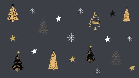 múltiples árboles de navidad y estrellas contra un fondo gris