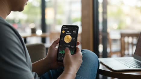 exploring bitcoin market trends and prices: a user engages with cryptocurrency data on a mobile app while relaxing in a coffee shop