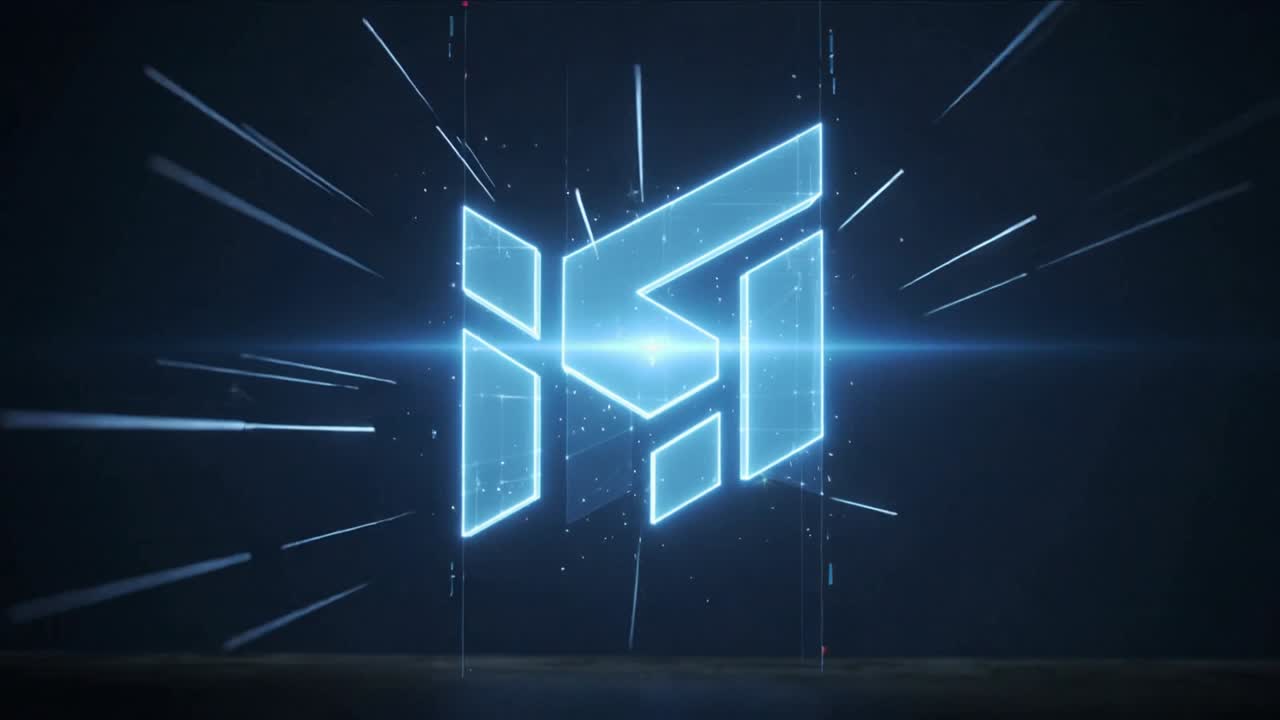 Tilting gold JB emblem sliding on dark table, camera shifting, blue streaks assembling neon logo