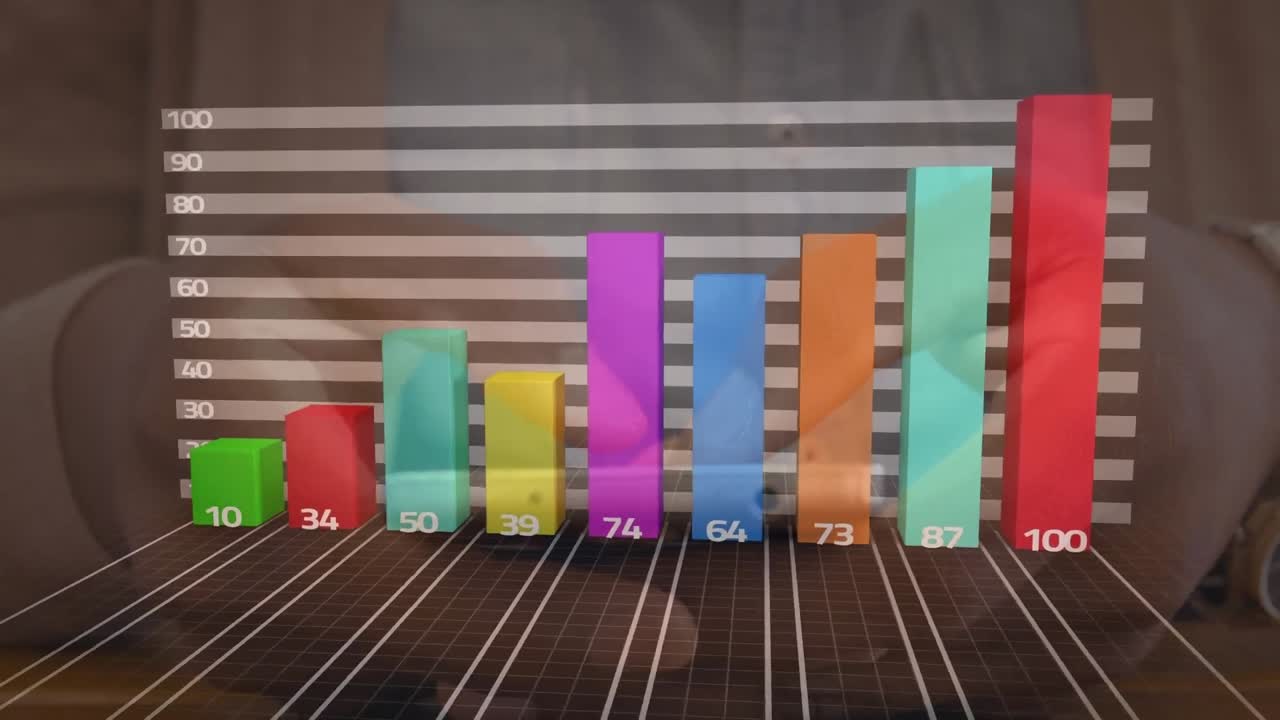 animación de datos financieros y gráficos sobre las manos de un hombre caucásico usando un teléfono inteligente