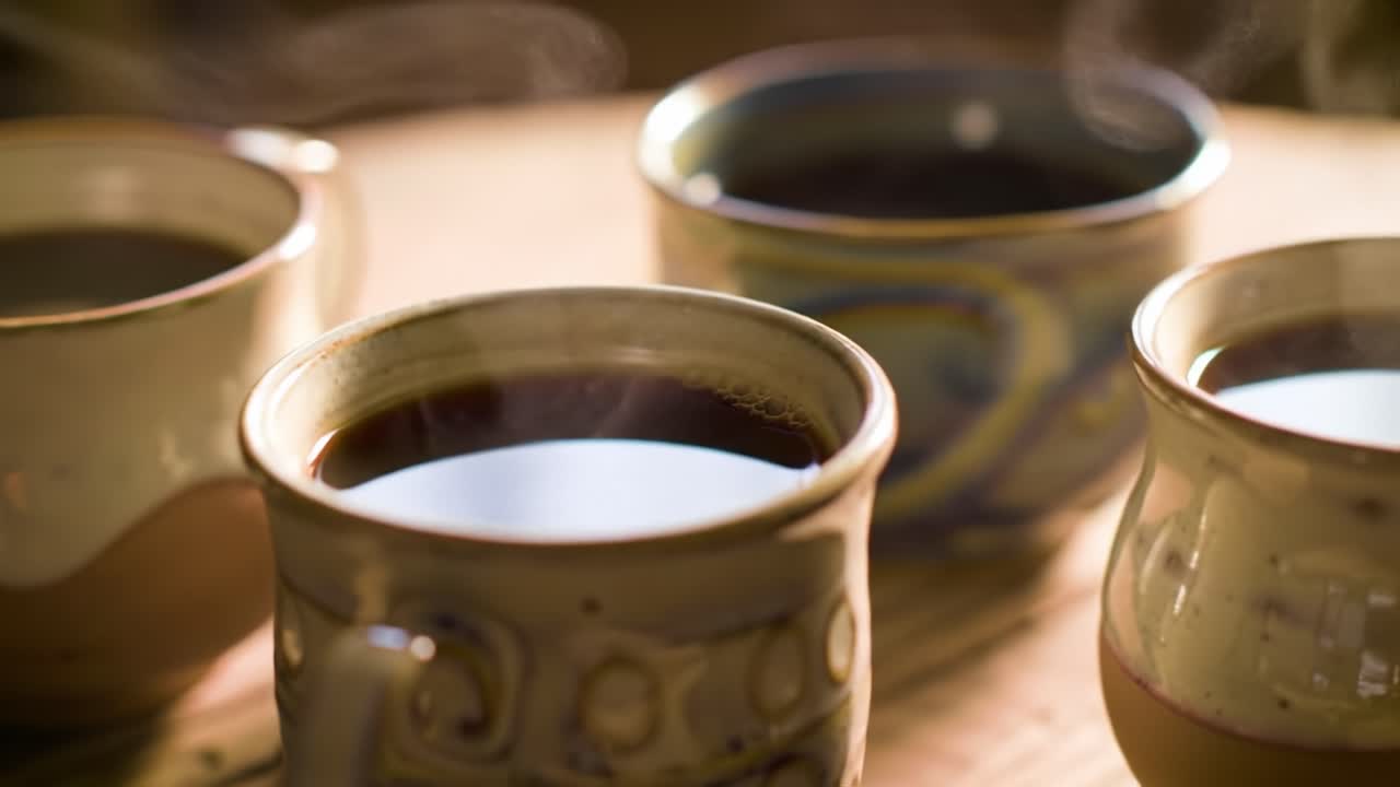 A Serene Morning with Steaming Cups of Coffee: Enjoying Warmth and Comfort in Handcrafted Ceramic Mugs