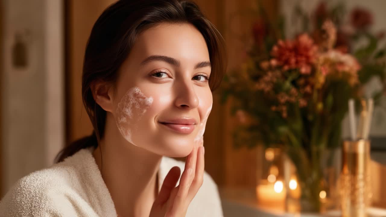 A Radiant Moment of Self-Care: A Woman Joyfully Cleansing Her Face with Gentle Skincare Products in a Serene Spa-Like Environment