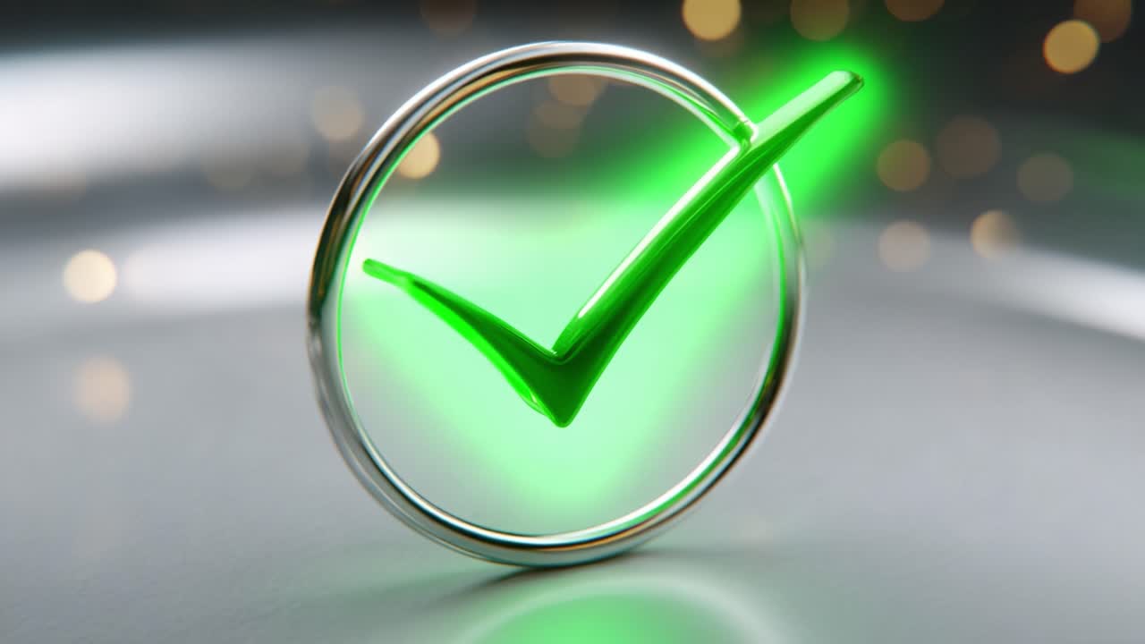 A shining green checkmark symbol enclosed in a metallic ring, representing confirmation, success, or approval, with a blurred background creating a vibrant effect
