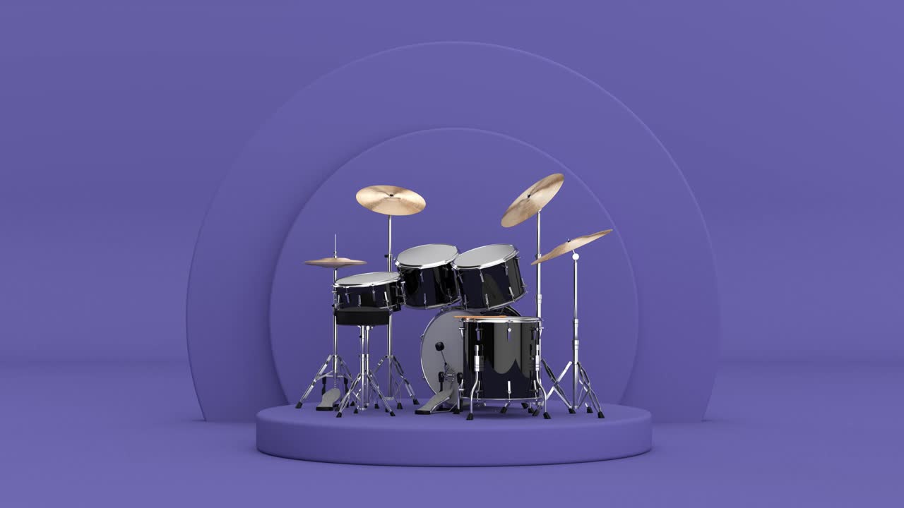 video de resolución 4k: kit de batería de rock profesional negro girando sobre productos de cilindros muy peri violeta pedestal de escenario en una animación de bucle de fondo violeta muy peri