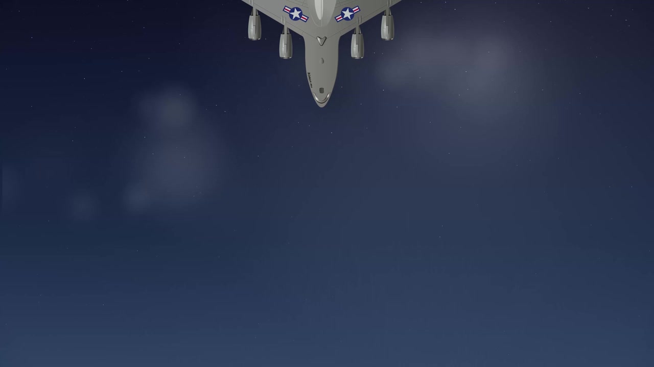 Aerei da trasporto militare stilizzati cadono verticalmente su uno sfondo di cielo notturno blu scuro