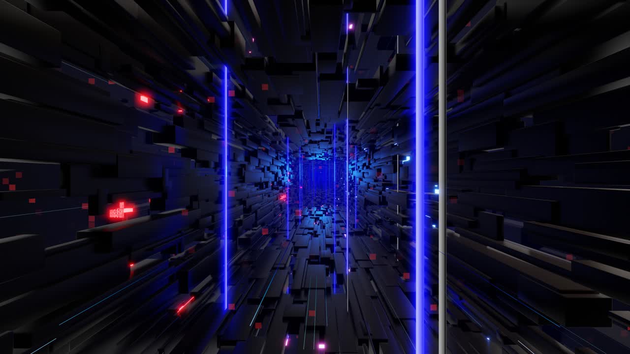 túnel con luz de neón. ciencia ficción bg volar a través del espacio digital tecnológico. concepto de flujo de información de alta tecnología, blockchain. diseño de movimiento bg en bucle 3d, cubos y marcos, construcciones. bg dinámico oscuro