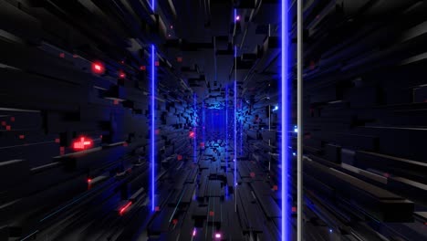 tunnel with neon light. sci-fi bg fly through tech digital space. concept of hi-tech information flow, blockchain. 3d looped bg motion design, cubes and frames, constructions. dark dynamic bg