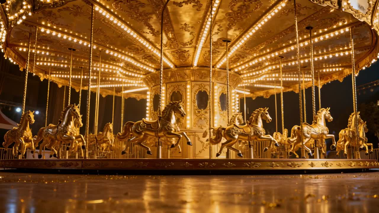 Engaging motor, ornate carousel rotating slowly clockwise at night at park, showing gilded horses
