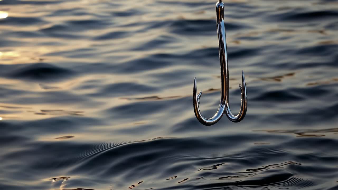 Close-up of a fishing hook above rippling water at sunset, capturing a serene, contemplative mood