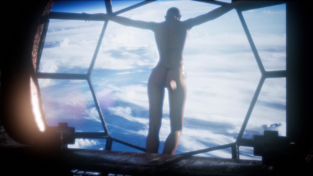 우주 정거장 창문 에서 지구 를 관찰 하는 여자 파란색 지구 와 구름