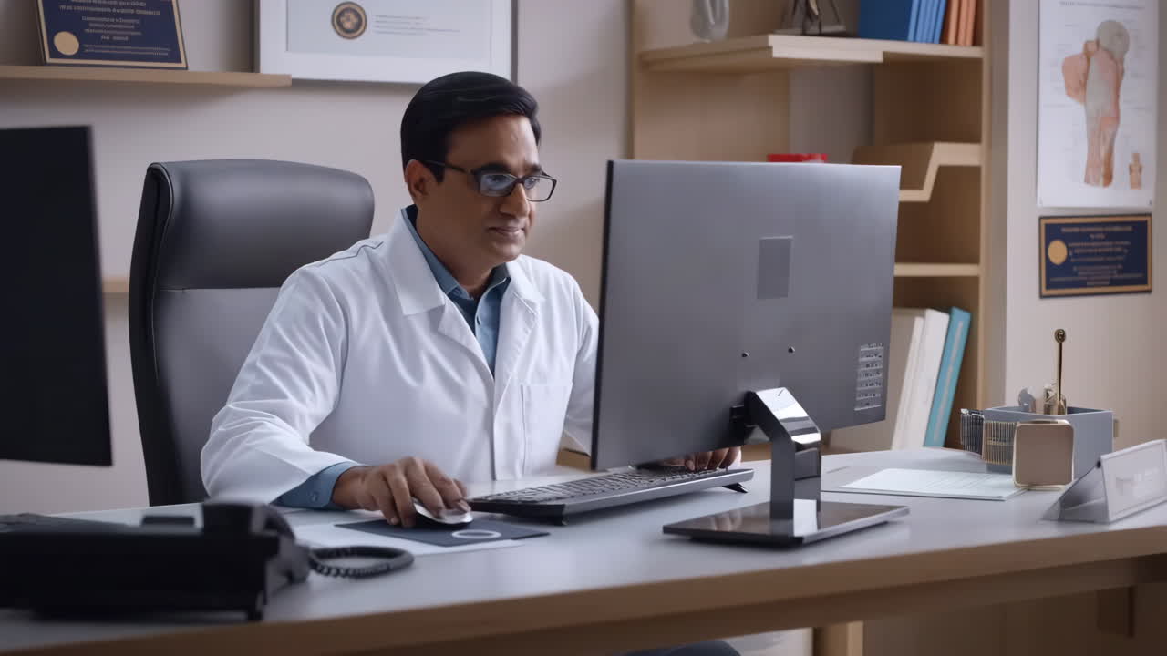 A male doctor in a white coat works on a computer in his office
