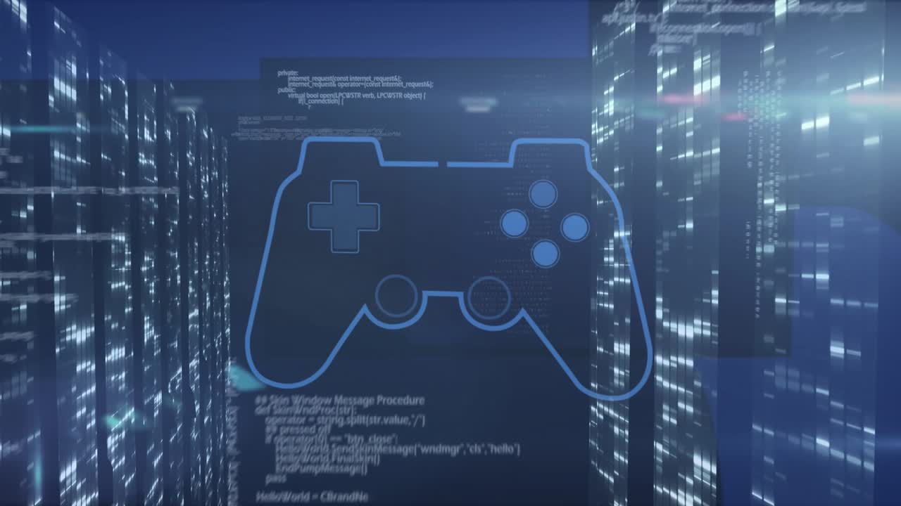 Animation of gamepad icon and data processing on blue background
