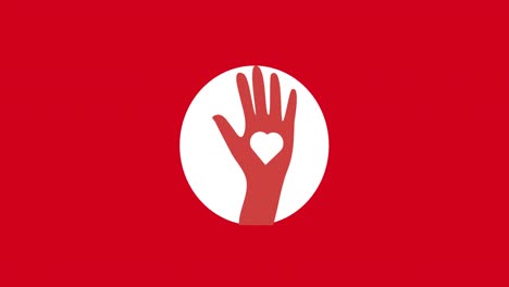 animación de la mano con icono de corazón sobre fondo rojo