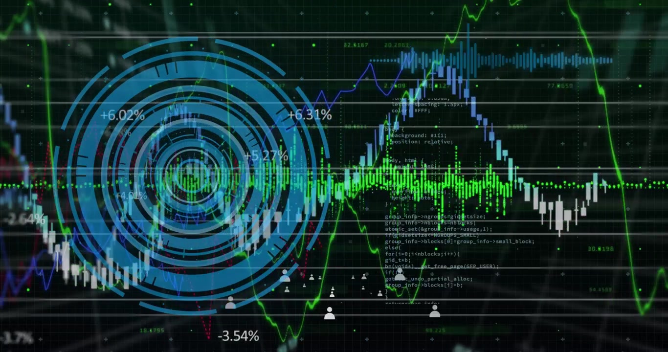 Financial data processing and multiple profile icons over neon round scanner on black background