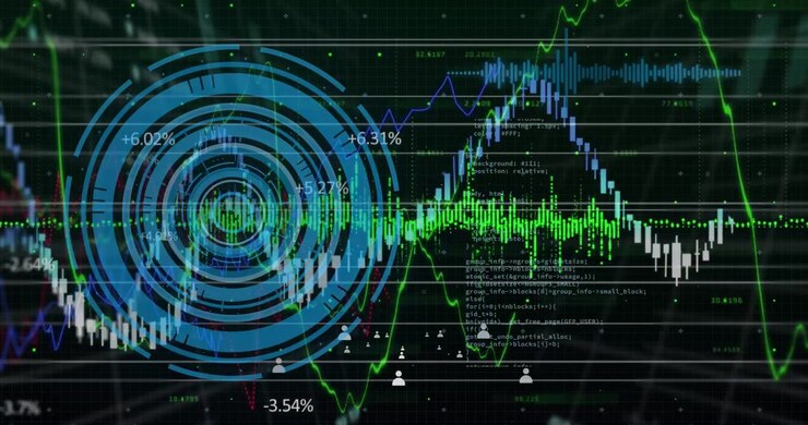 Financial data processing and multiple profile icons over neon round scanner on black background