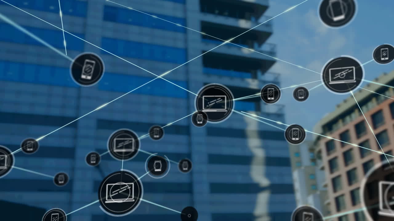 높은 건물을 배경으로 디지털 아이콘의 네트워크