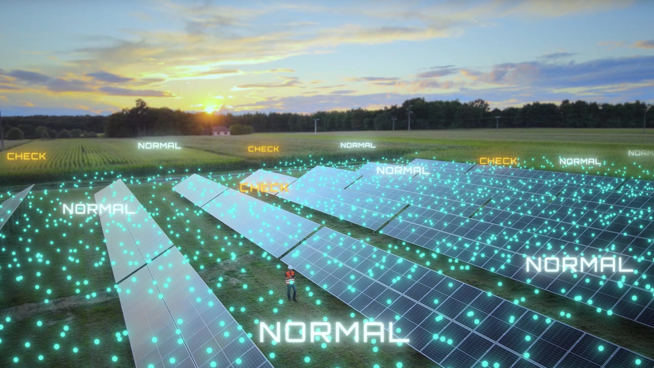 Animazione aerea futuristica di un impianto solare fotovoltaico che utilizza l'intelligenza artificiale per monitorare i singoli pannelli, identificare gli errori e verificare le normali condizioni operative in tempo reale