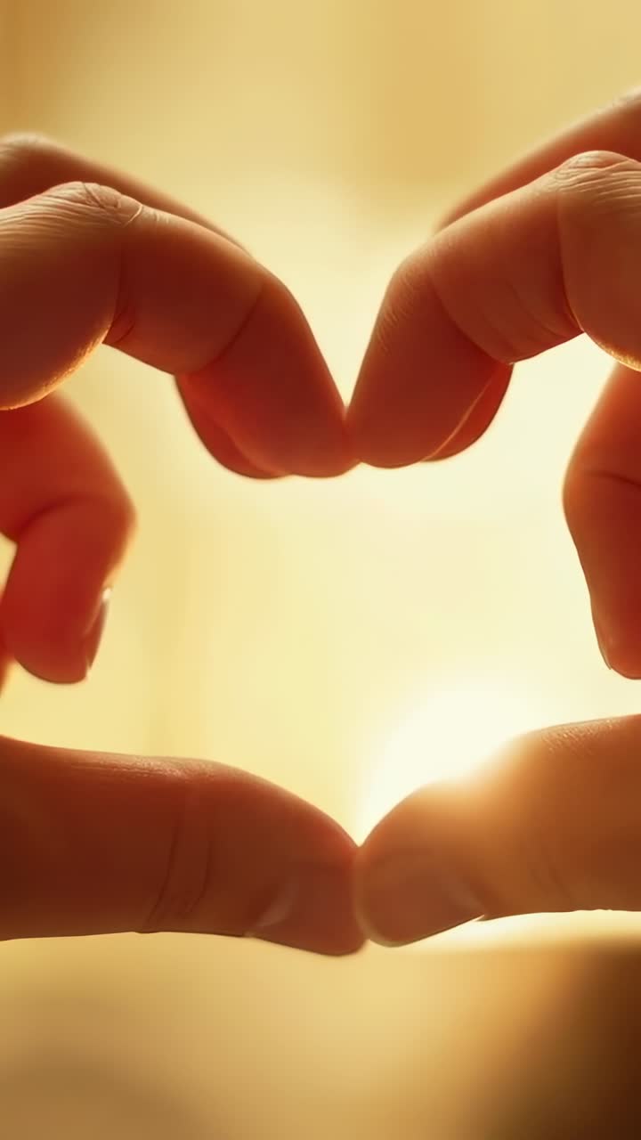 Vídeo vertical: Dos manos forman un corazón en la ventana, con luz cálida y bokeh suave