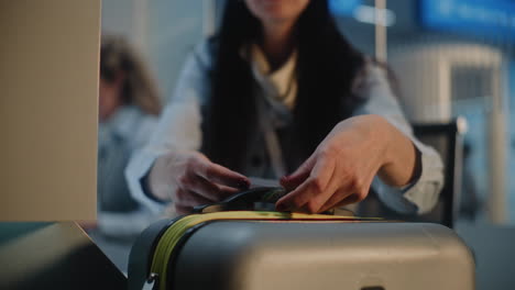 woman checking in luggage at airport