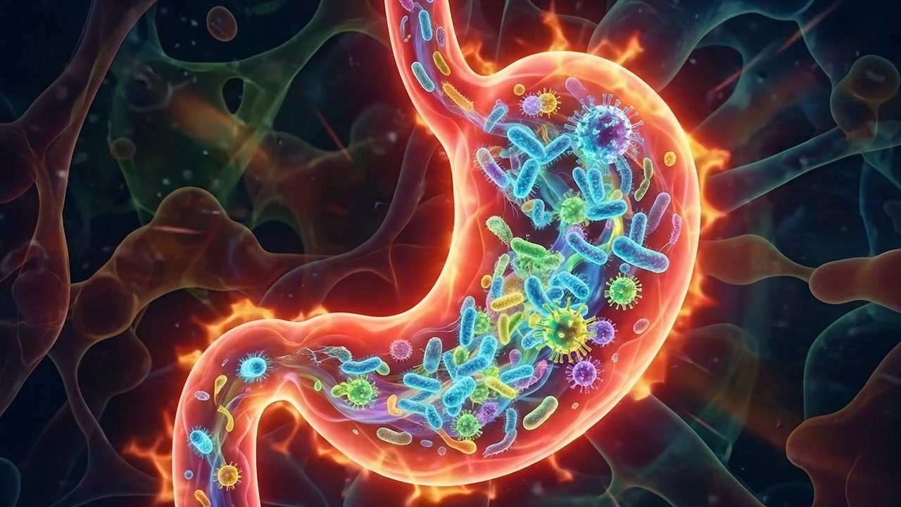 Microscopic View of Bacteria and Viruses Inside a Human Stomach