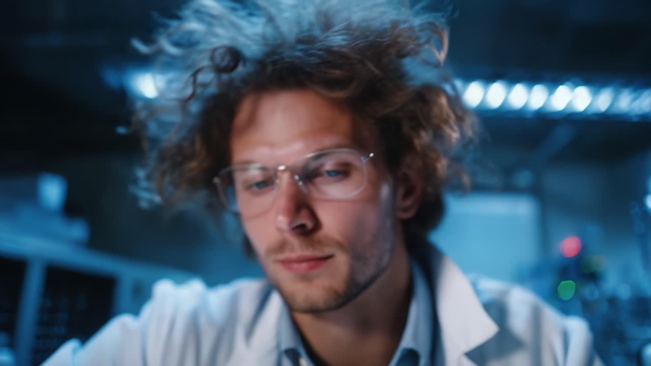 Focused Scientist with Crazy Hair Examines Data in a Laboratory Environment Under Dim Lighting, Illustrating the Depth of Scientific Exploration and Curiosity