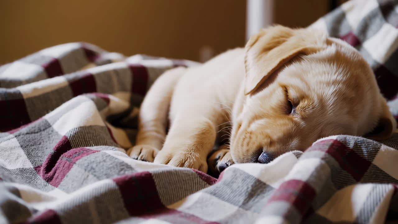 Adorable Labrador Puppy Sleeping Peacefully on a Plaid Blanket