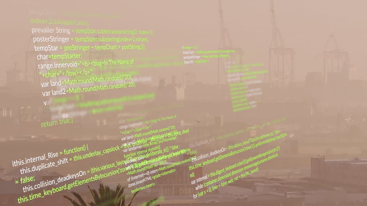 Animation of looping computer language over fog covered modern city against sky