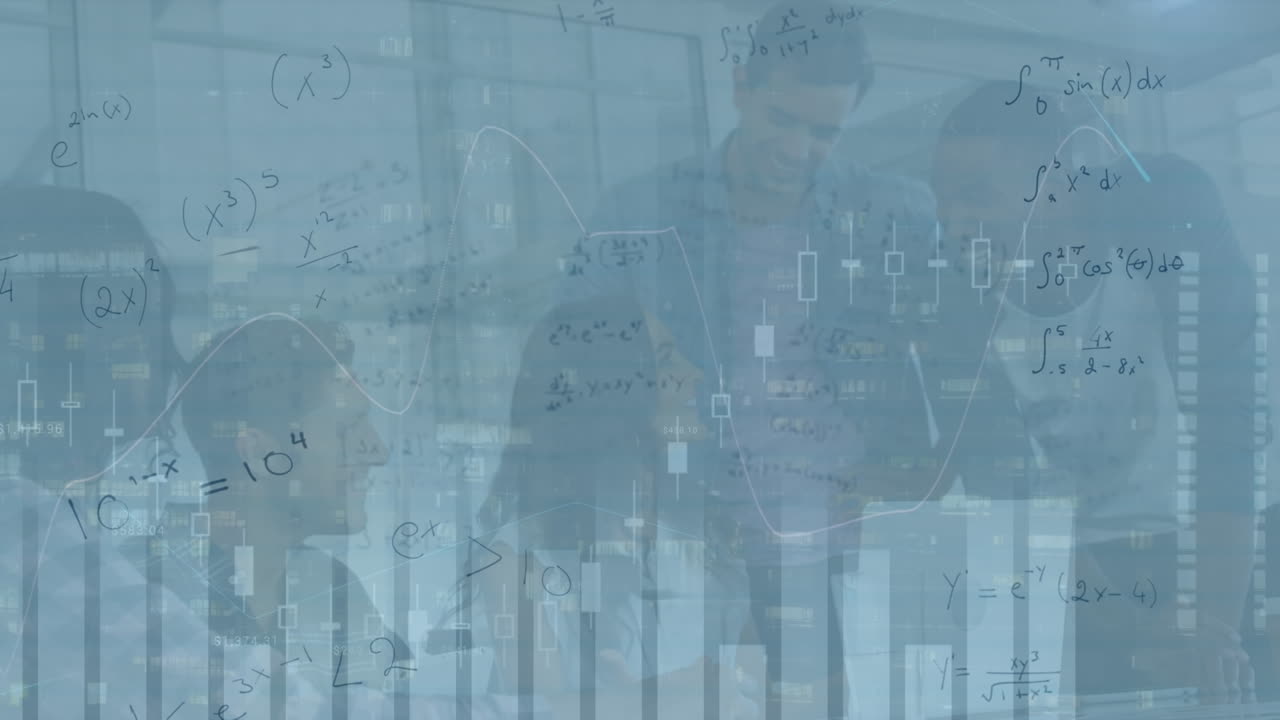 animación de fórmulas matemáticas y gráficos sobre diversos empresarios en la oficina