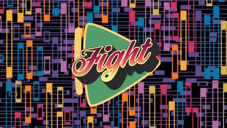 animation of fight text in red on green play button over vibrant patterned background