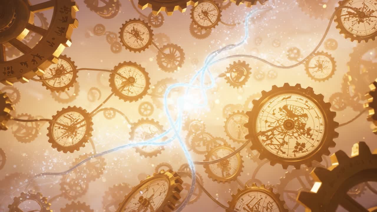 An Intricate Showcase of Clockwork Mechanisms and Cosmic Energy, Illustrating the Harmony Between Timepieces and Etherial Connections in a Mystical Network