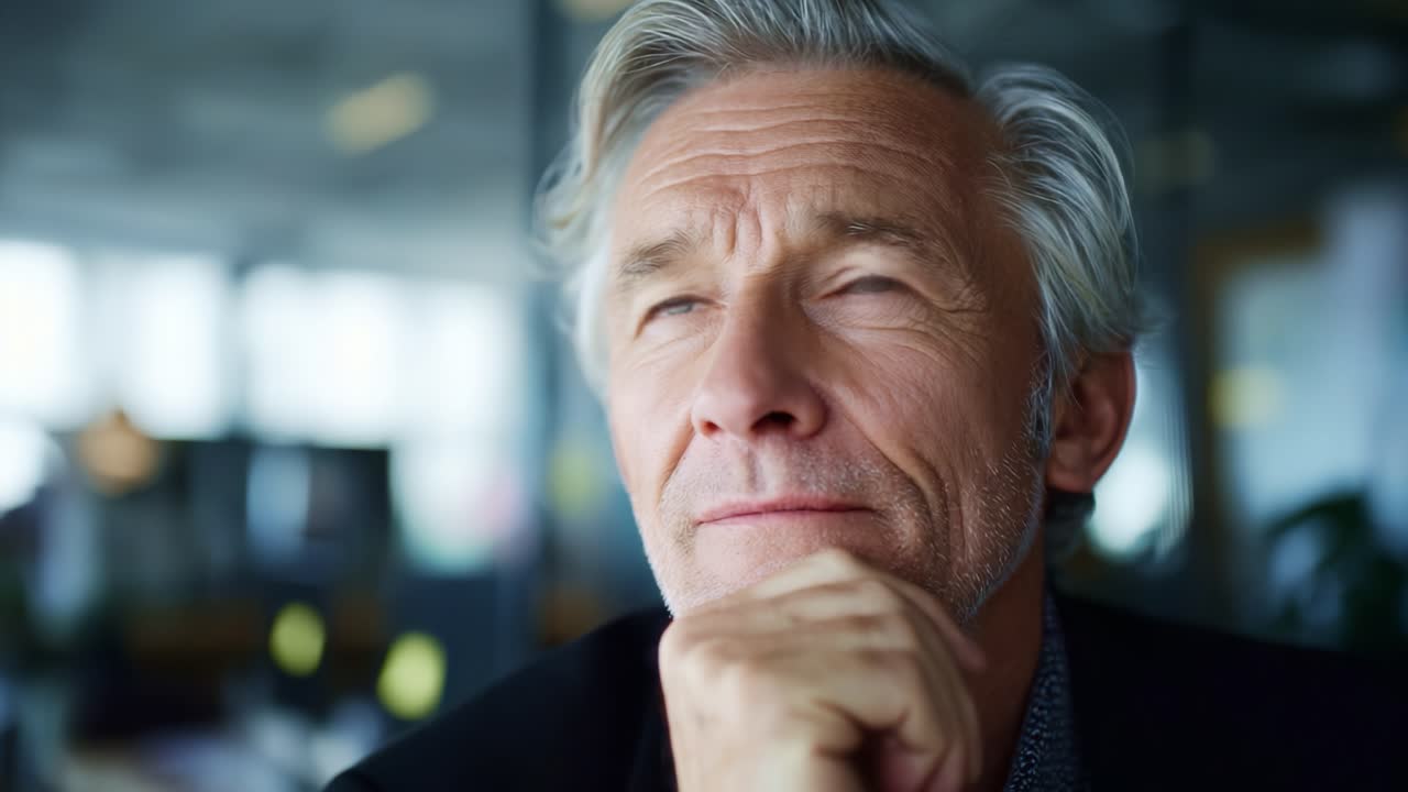 Contemplative Man Reflecting in a Professional Environment, Deep in Thought with a Pensive Expression, Showcasing Intelligence and Wisdom in a Modern Workspace