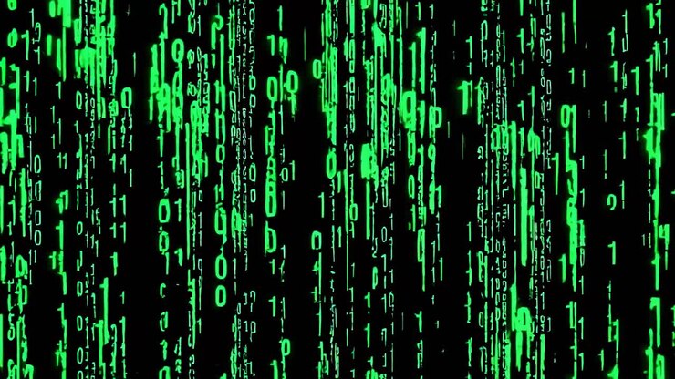 A digital rain of green code streams down a black background, resembling a futuristic video effect