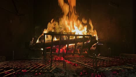 Delicious sausages and meat skewer cooking on fireplace grill with fire burning in background, Close-up