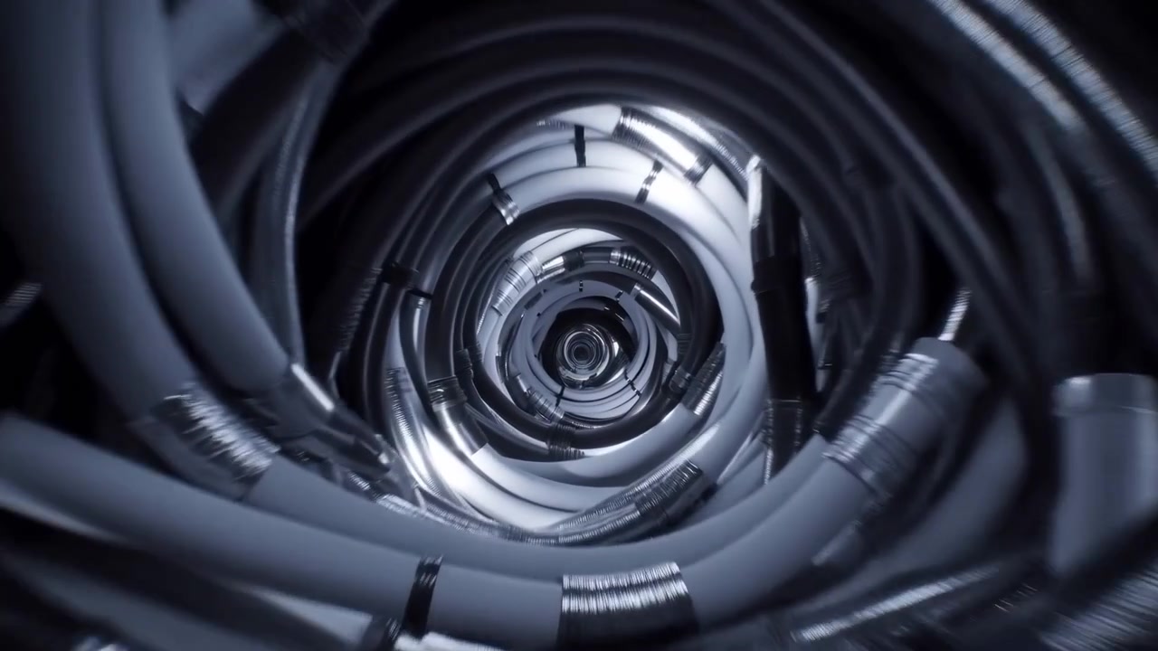 Metallic Spiral Tunnel With Reflective Surfaces, Closeup Of Rotating Cylindrical Conduit Lit In Cool Blue, Ai