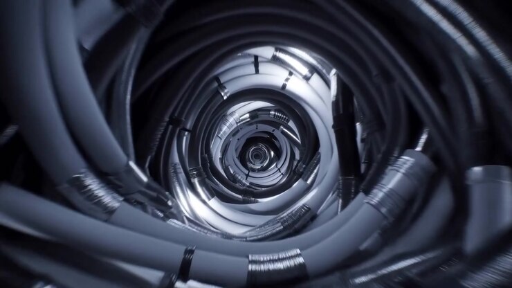 Metallic Spiral Tunnel With Reflective Surfaces, Closeup Of Rotating Cylindrical Conduit Lit In Cool Blue, Ai