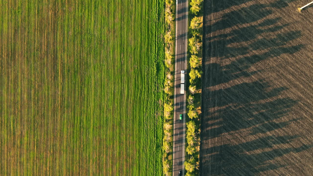 Aerial drone view of nature in Moldova at sunset. Wide fields, road with moving cars, trees