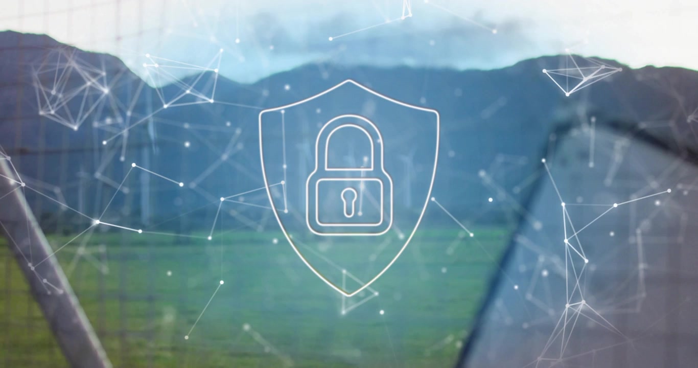 Slow camera panning goal net revealing field while data network shielding padlock protecting assets