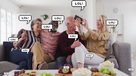 Animation-of-lol-texts-over-diverse-group-of-seniors-laughing
